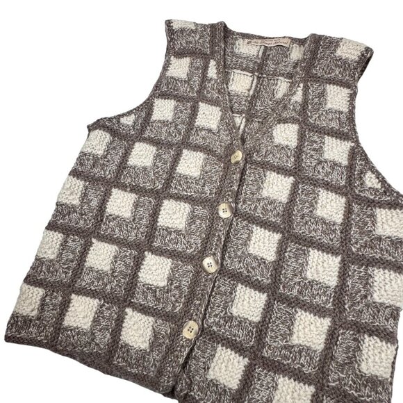VTG Check Sweater Vest Sz.M Tan Cream Wool Hand Knit Cottage Academia Grandma - Picture 10 of 11